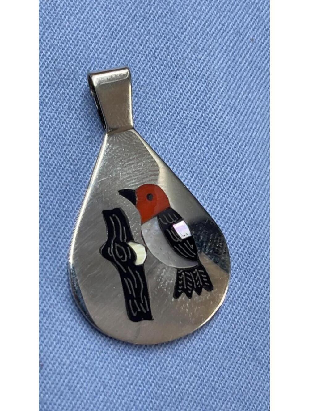 Zuni coral, mother of pearl bird inlay sterling silver pendant -Edaakie